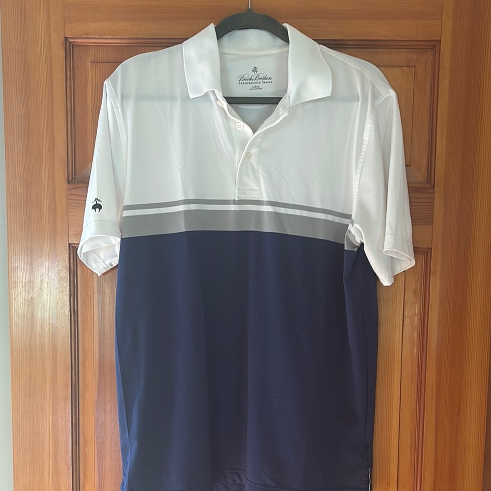 Brooks Brothers performance series White and Navy Striped Men's Polo - Large